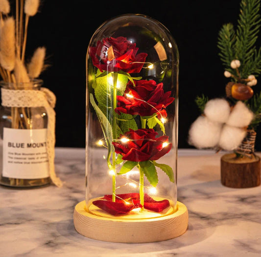 Artificial Rose Flowers Eternal Rose LED Light with Wooden Base