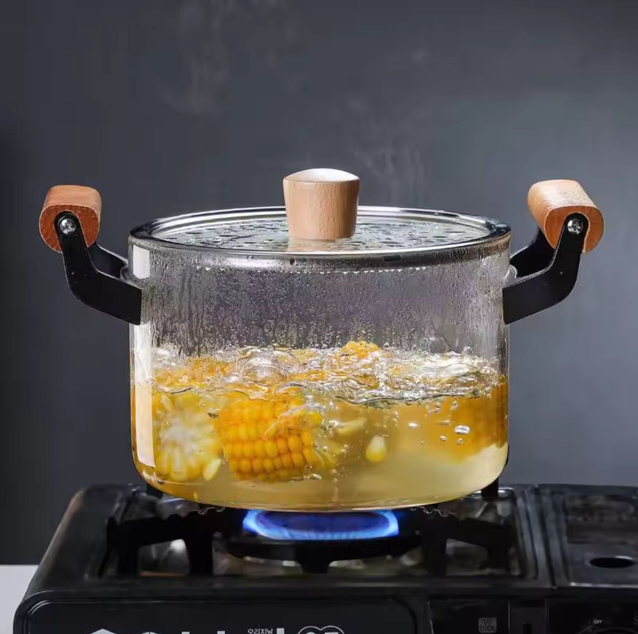 Heat Resistant Borosilicate Cooking Pot with Wooden Handles