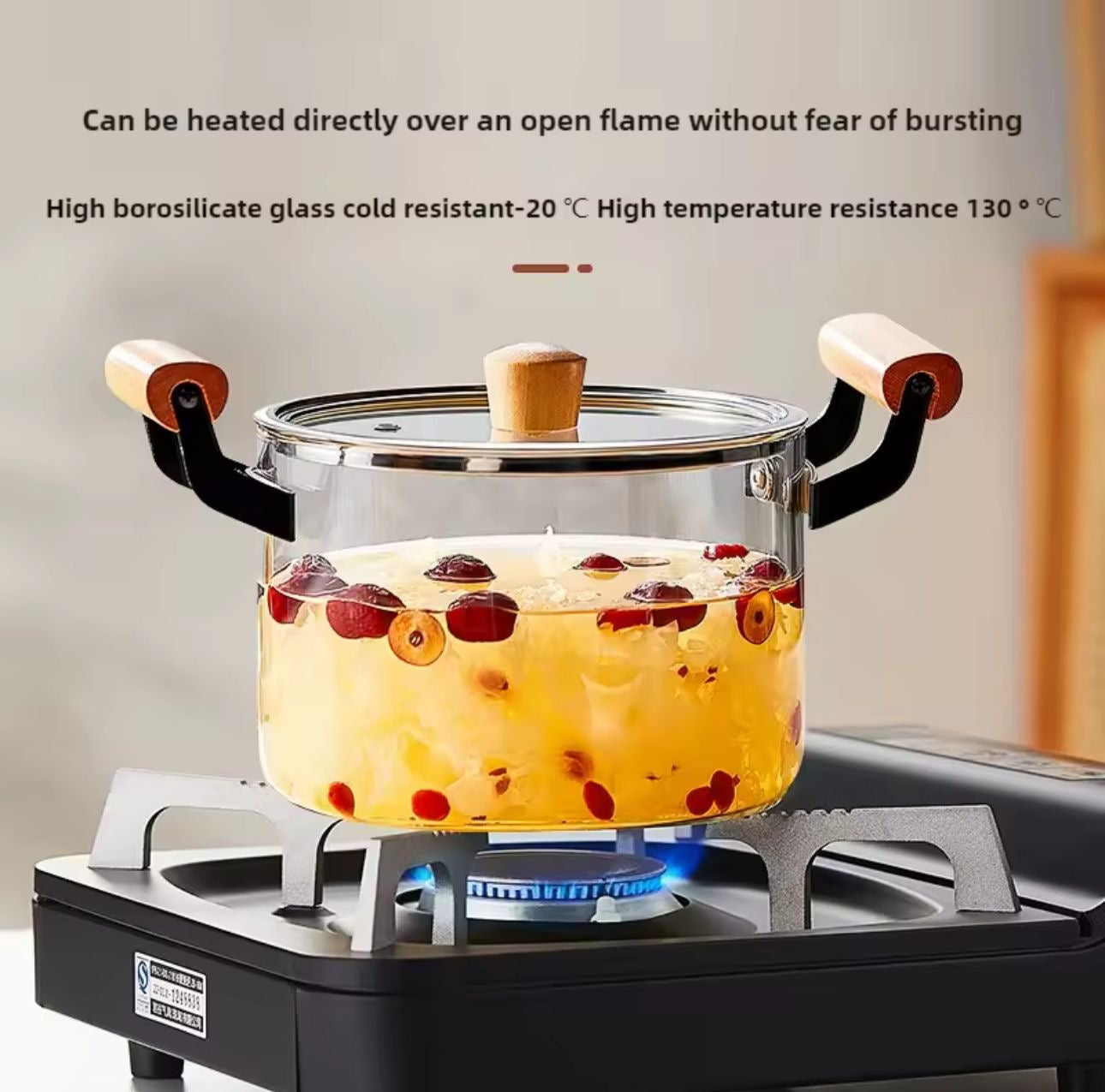 Heat Resistant Borosilicate Cooking Pot with Wooden Handles
