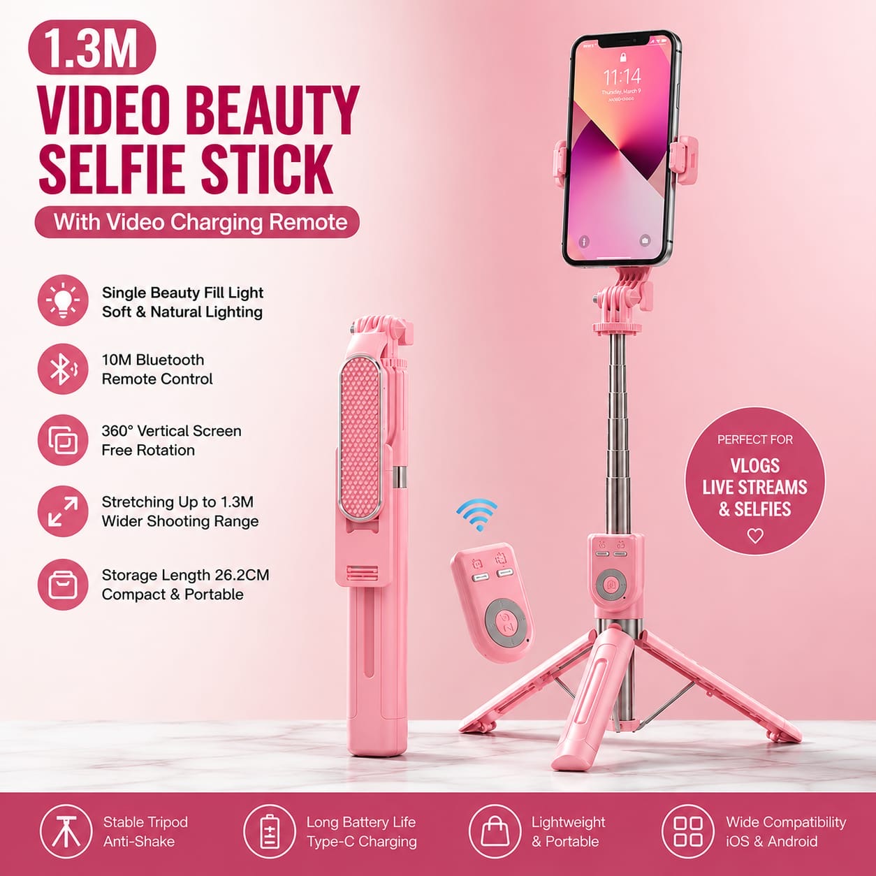 3 in 1 Portable Selfie Stick & Tripod Stand with Detachable Remote