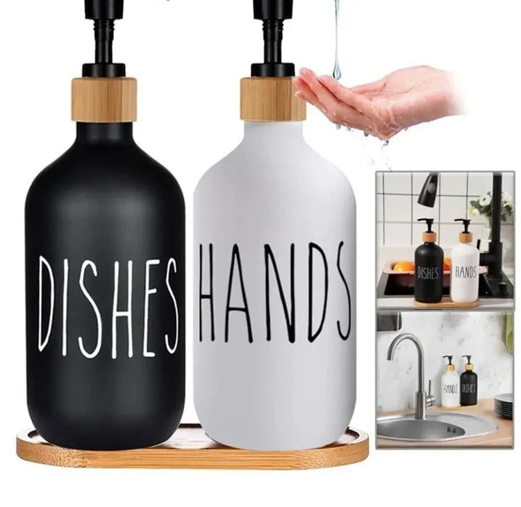 Modern Soap Dispenser Set for Hands & Dishes with Bamboo Tray