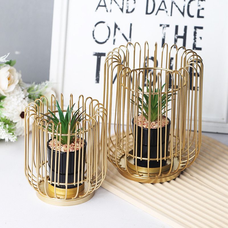 Metal Geometric Stripe Cage Style Potted Artificial Plant Centerpiece Home Decor