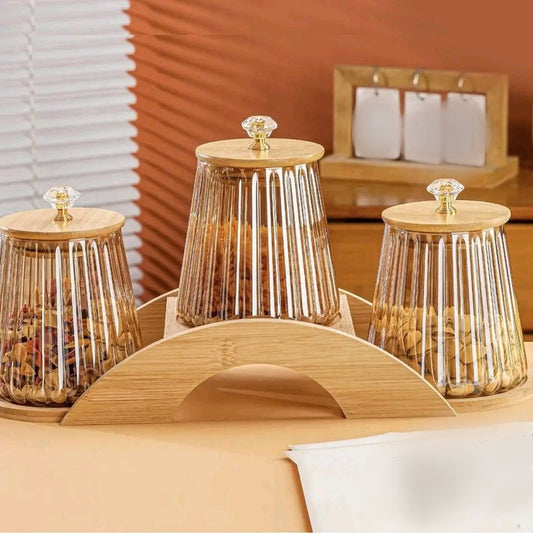 3 Pcs Set of Food Jars with Wooden stand
