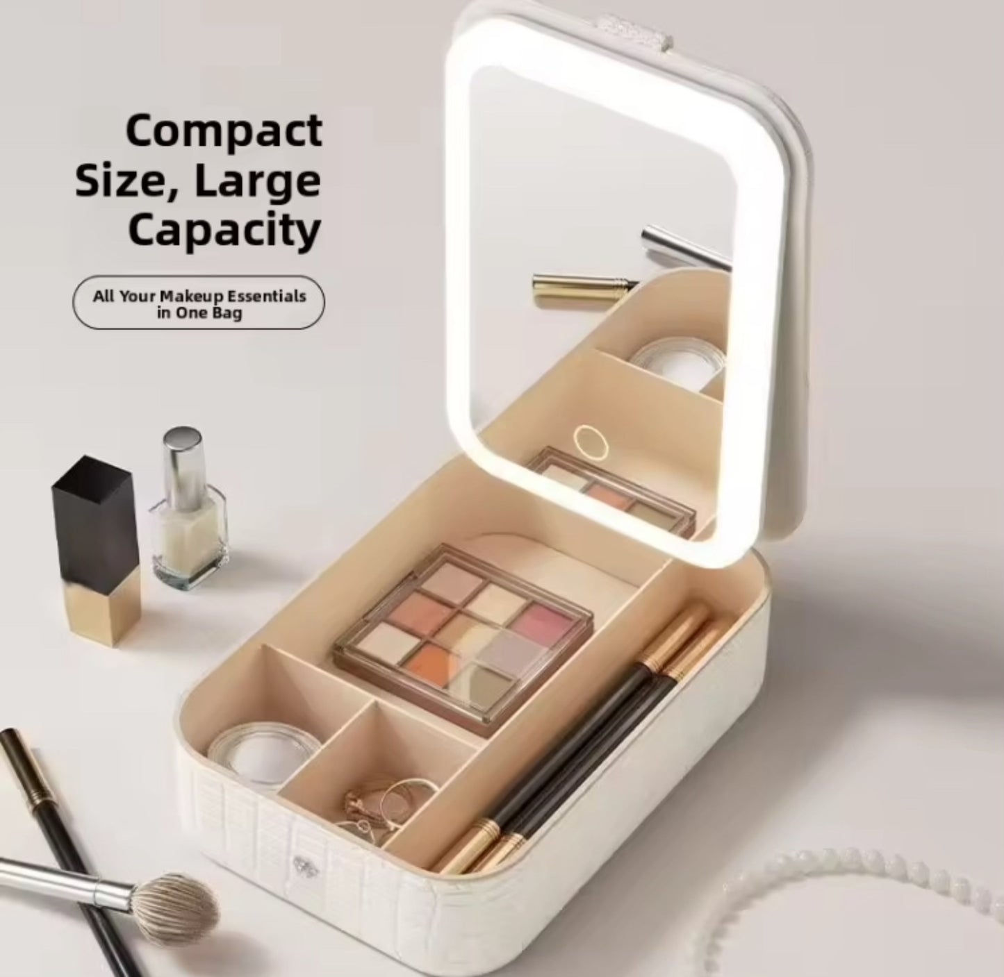 Portable Leather Led Mirror Makeup Bag