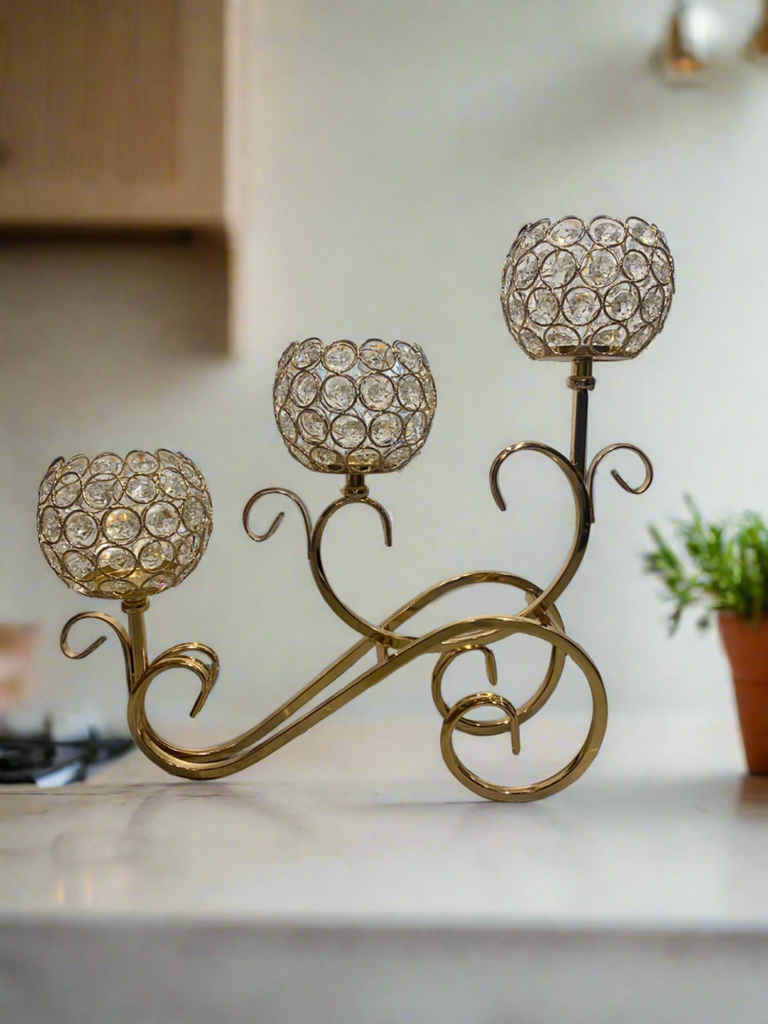 1pc 3 Arms Golden Crystal Candle Holder for Centre Table
