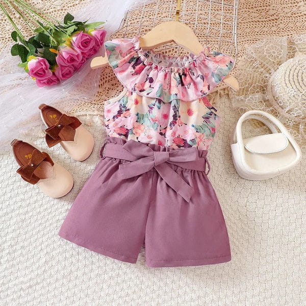 Floral Print Ruffle Top with Short Pants for Girls