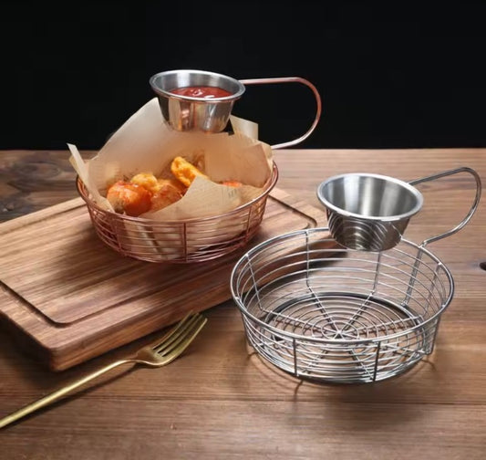 Stainless Steel Fry Basket with Hanging Sauce Cup