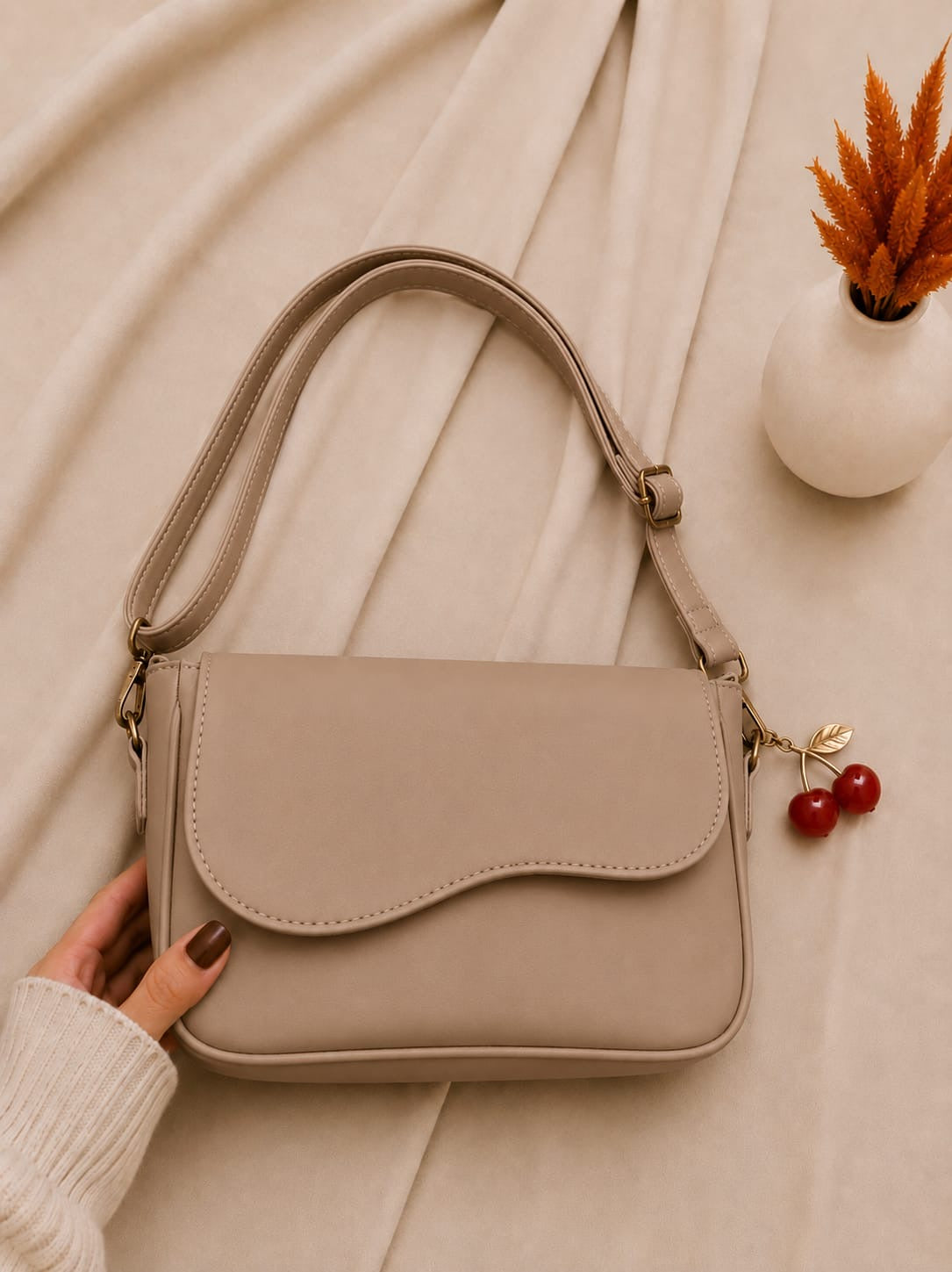 Trendy Shoulder Bag with Cherry Keychain