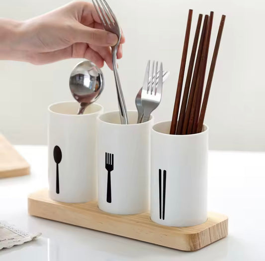 3 Pcs Multifunctional Household Tableware Holder with Wooden Base