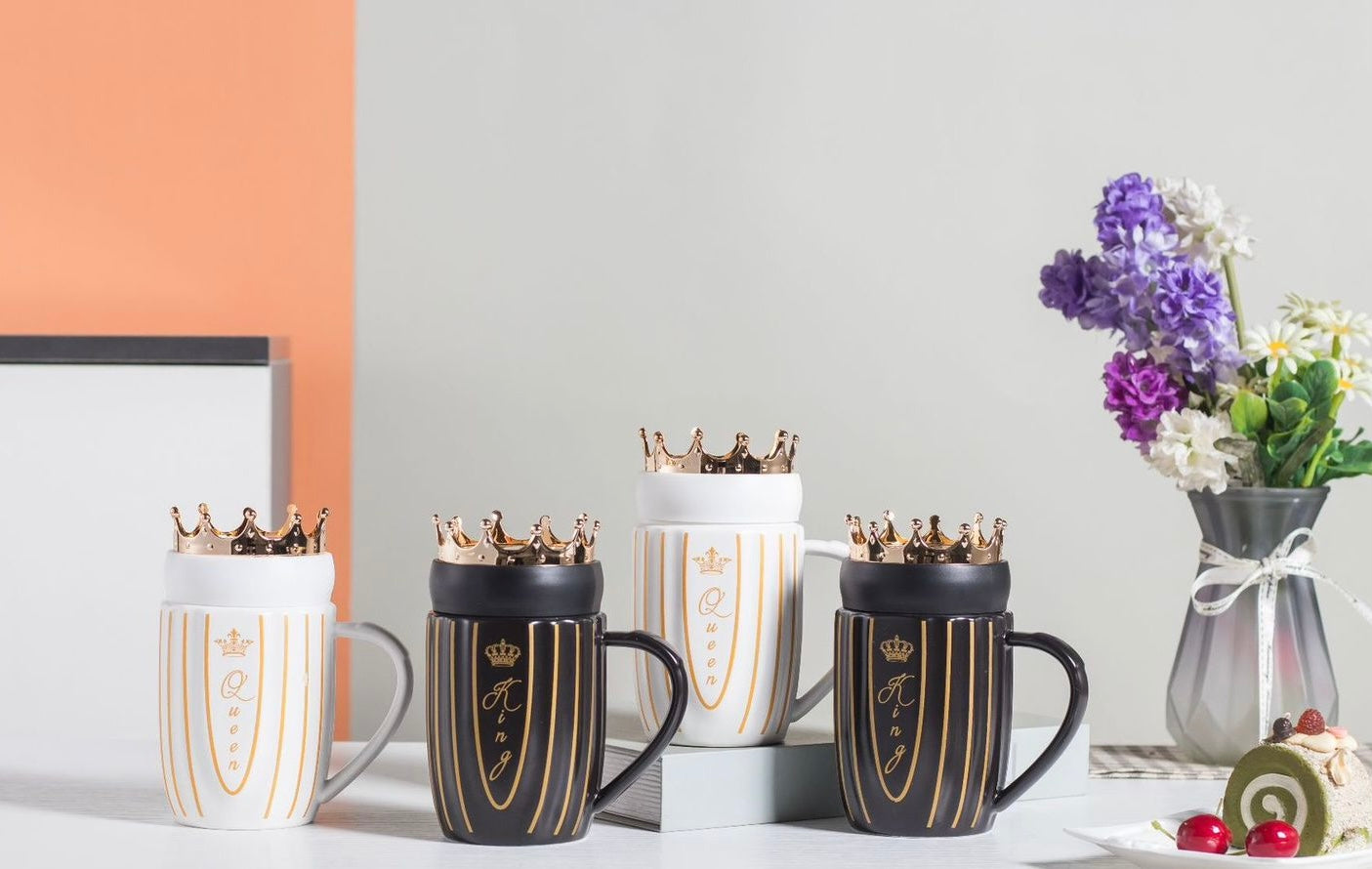 Ceramic Couple Mug with Crown Lids