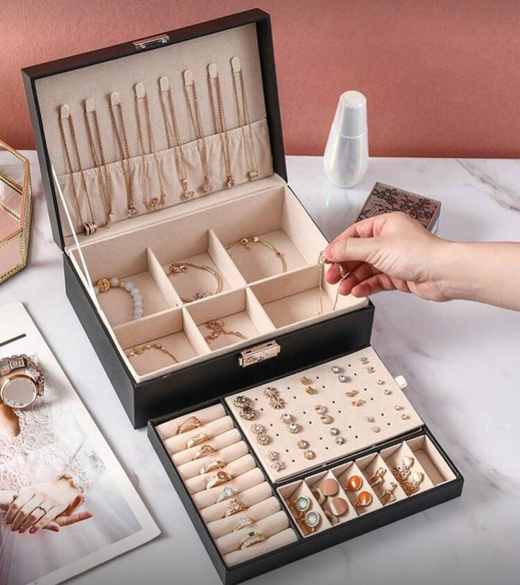 Large Capacity Double Layer Leather Jewellery Organizer with Lock System