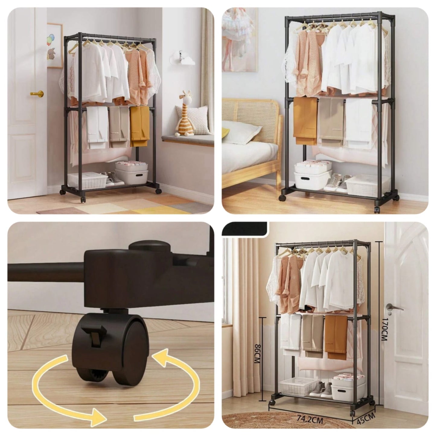 Double Pole Stand Cloth Rack with Wheels Easily Moveable (Premium Quality)
