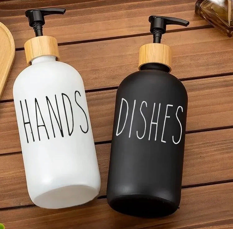 Modern Soap Dispenser Set for Hands & Dishes with Bamboo Tray