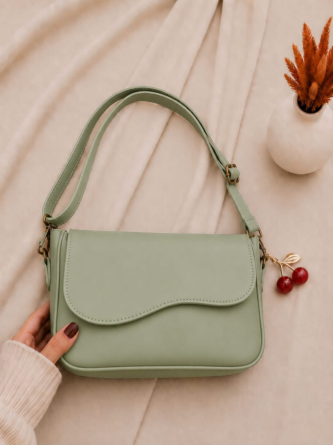 Trendy Shoulder Bag with Cherry Keychain