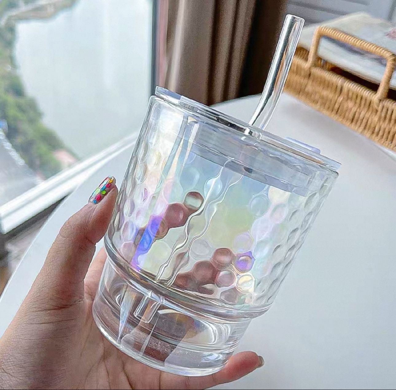 350ml Rainbow Coffee Glass Cup With Lid and Straw
