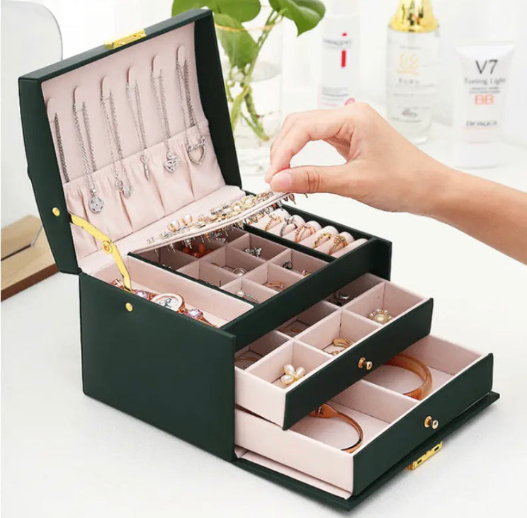 Three Layer Leather Jewellery Organizer with Lock System