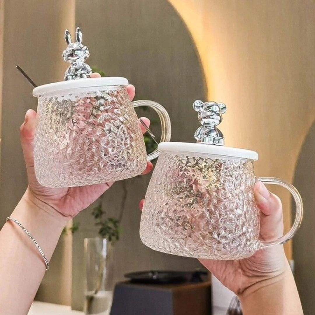 Glass Coffee Mug with Bear Lid & Spoon
