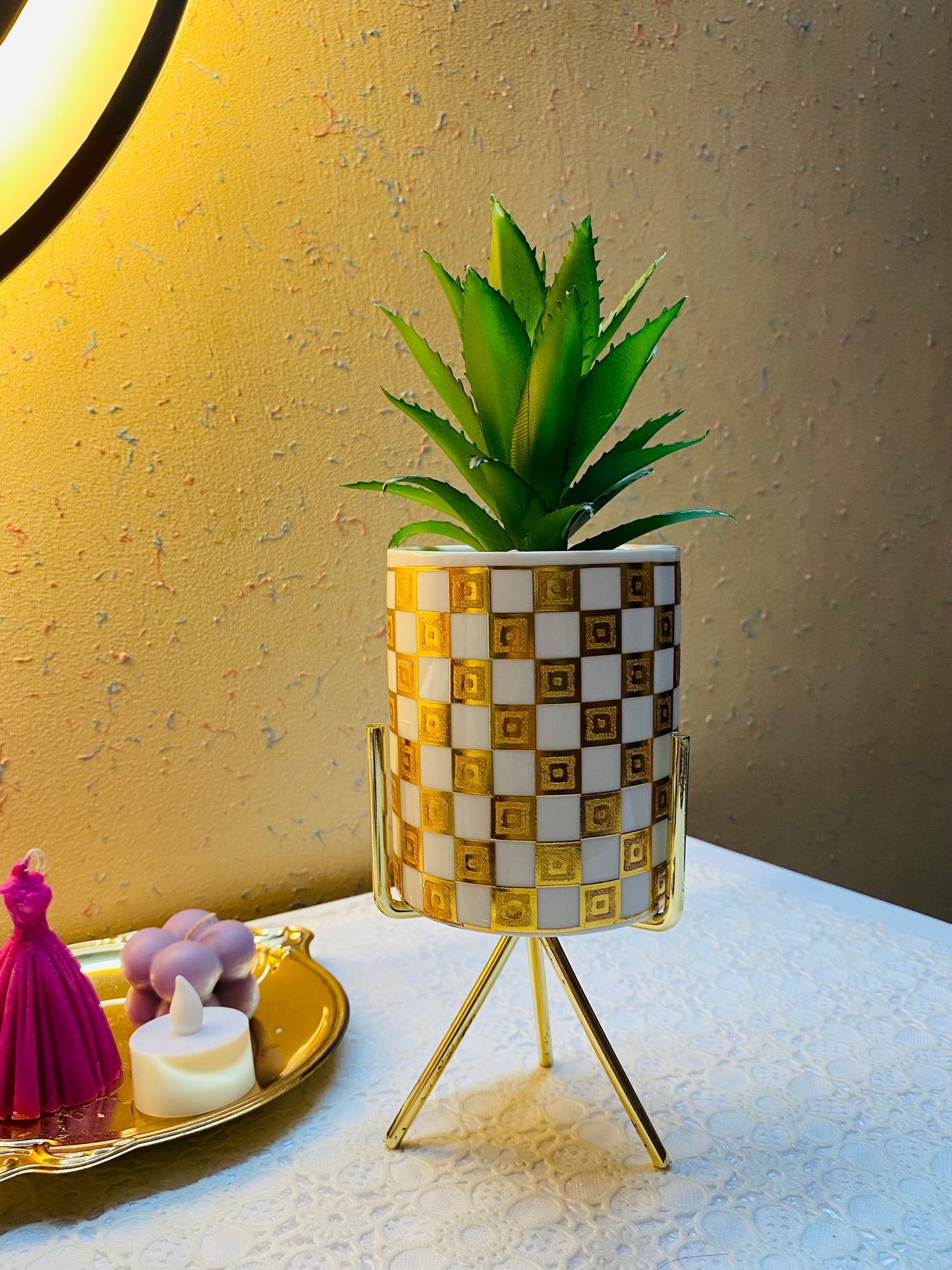 White with Gold Metal flower pot
