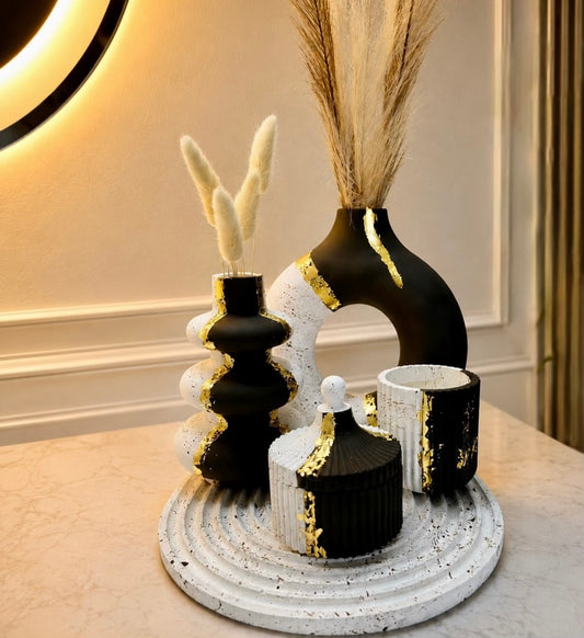Luxury 5 Pcs Brown, White & Touch of Gold Donut Vase Home Decoration Set
