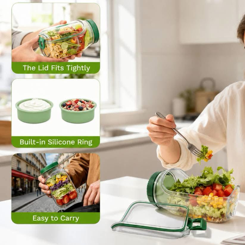 Side Opening Leakproof Salad Jar with Lid, Fork & Sauce Container