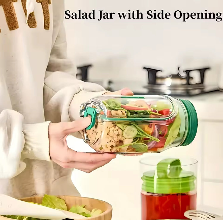 Side Opening Leakproof Salad Jar with Lid, Fork & Sauce Container