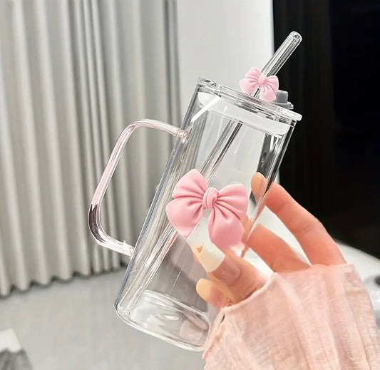 400ml Cute Clear Bow Coffee Glass with Lid & Straw