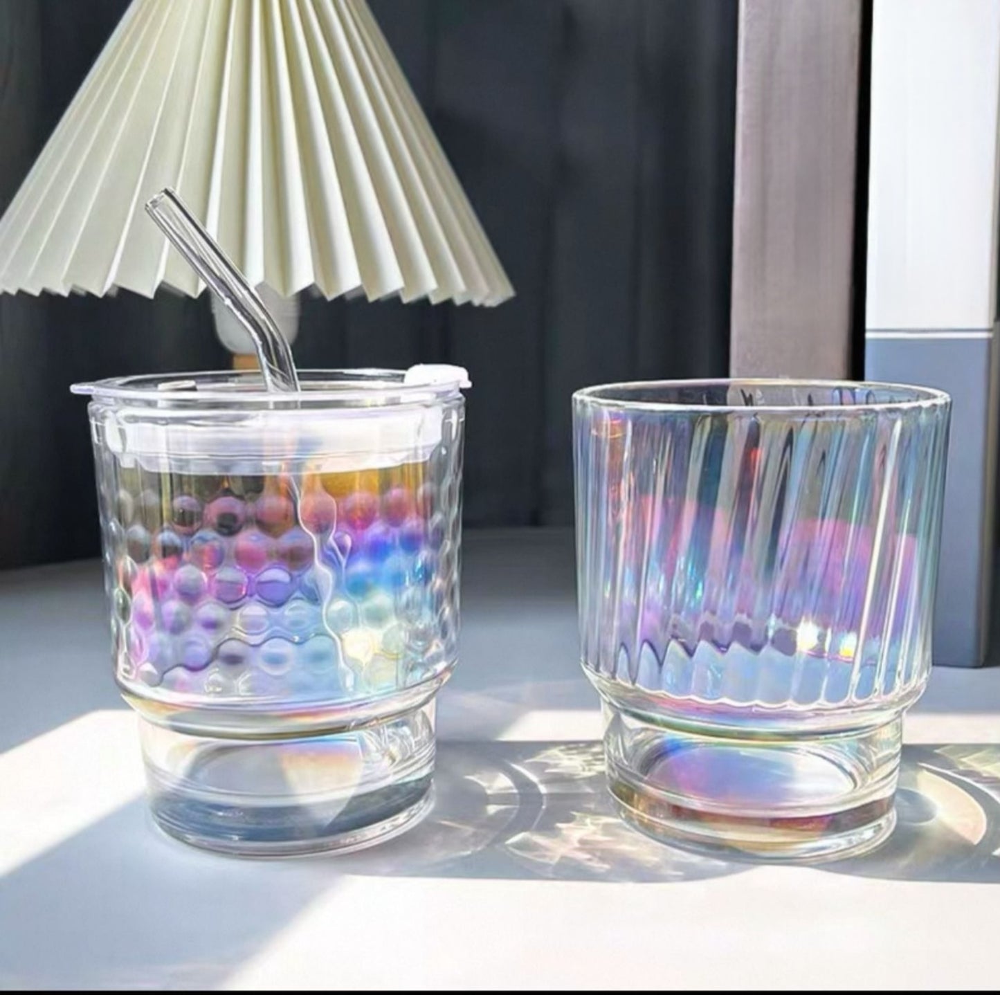 350ml Rainbow Coffee Glass Cup With Lid and Straw