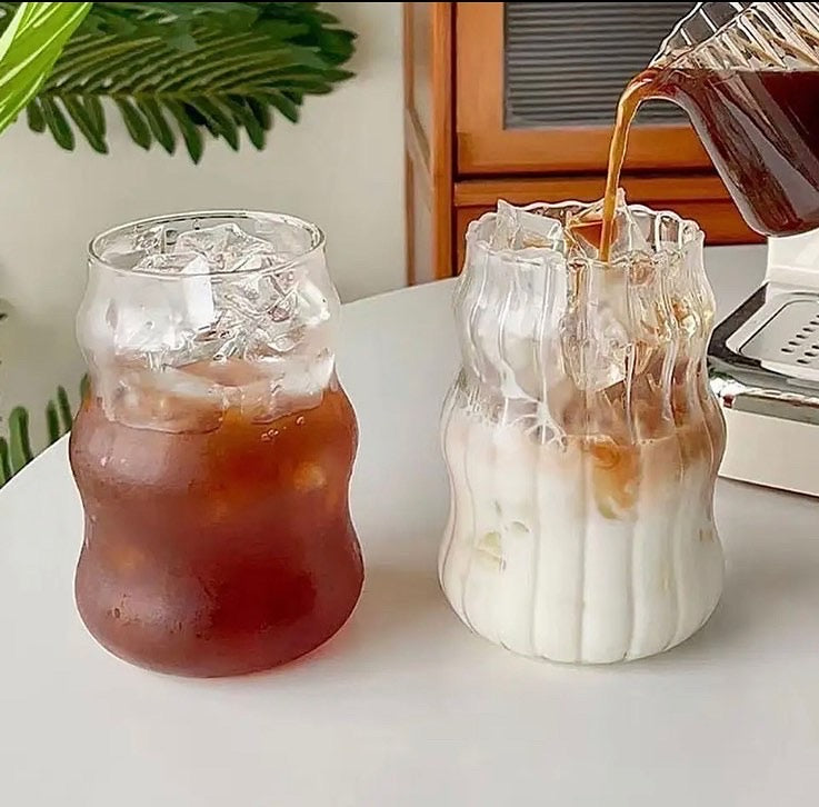 500ml Striped Aesthetic Coffee Glass with Lid & Straw