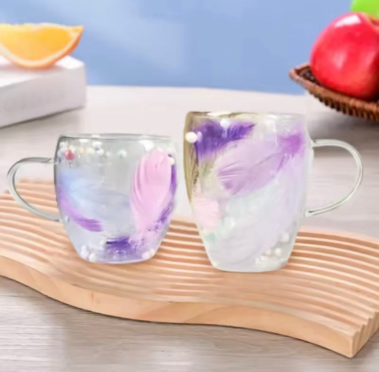 Double Wall Heat Resistant Feather Design Coffee Mug
