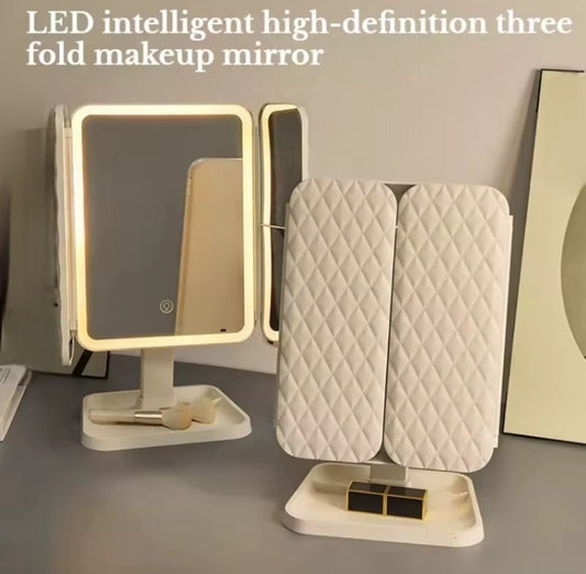 Tri-Fold Rechargeable Rotating LED Makeup Mirror with three Lightening Modes