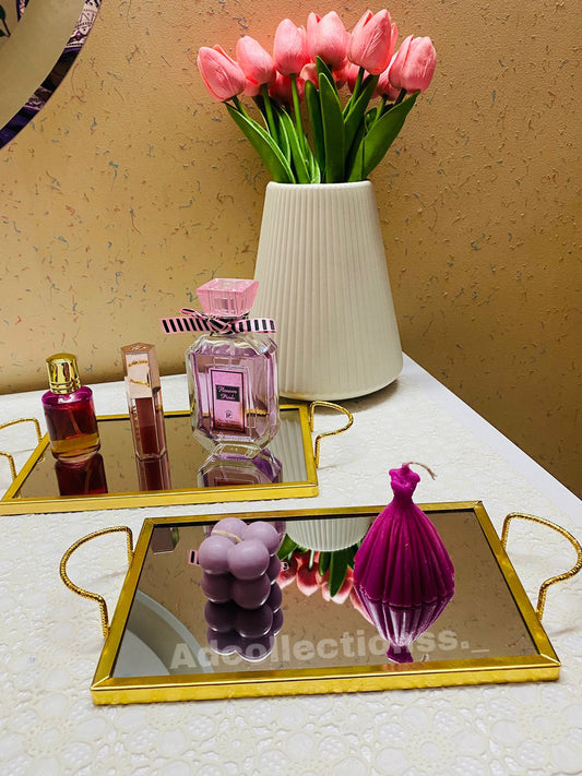 Square Gold Metal Textured Mirror Perfumes Skincare Makeup Vanity Tray