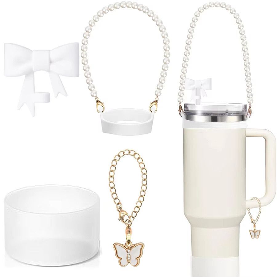 4 Pcs Accessories of Tumbler Mug Straw Cover, Butterfly Keychain, Pearl Handle & Silicone Protection Cover