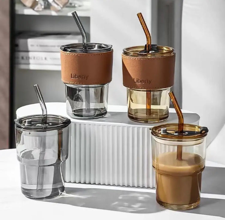 Leather Cover Coffee Mug with Lid & Straw