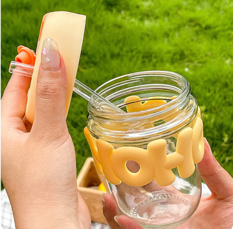 350ml Cute Cup Glass with Lid Straw Double Drinking Glass