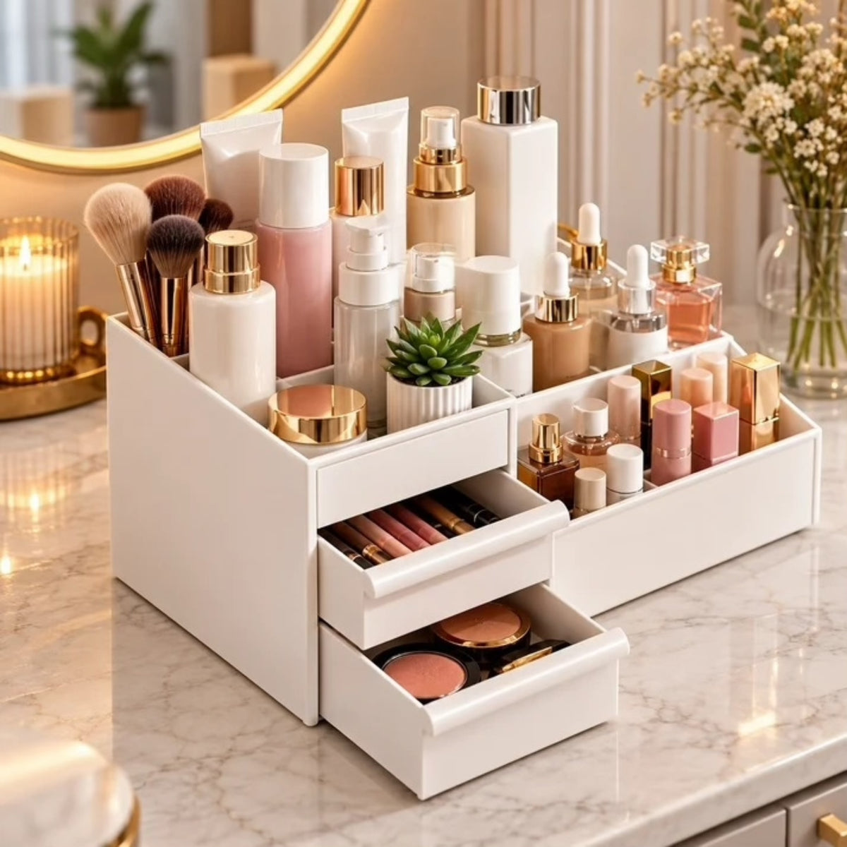 Large Capacity Multipurpose Cosmetics Organizer with Drawers