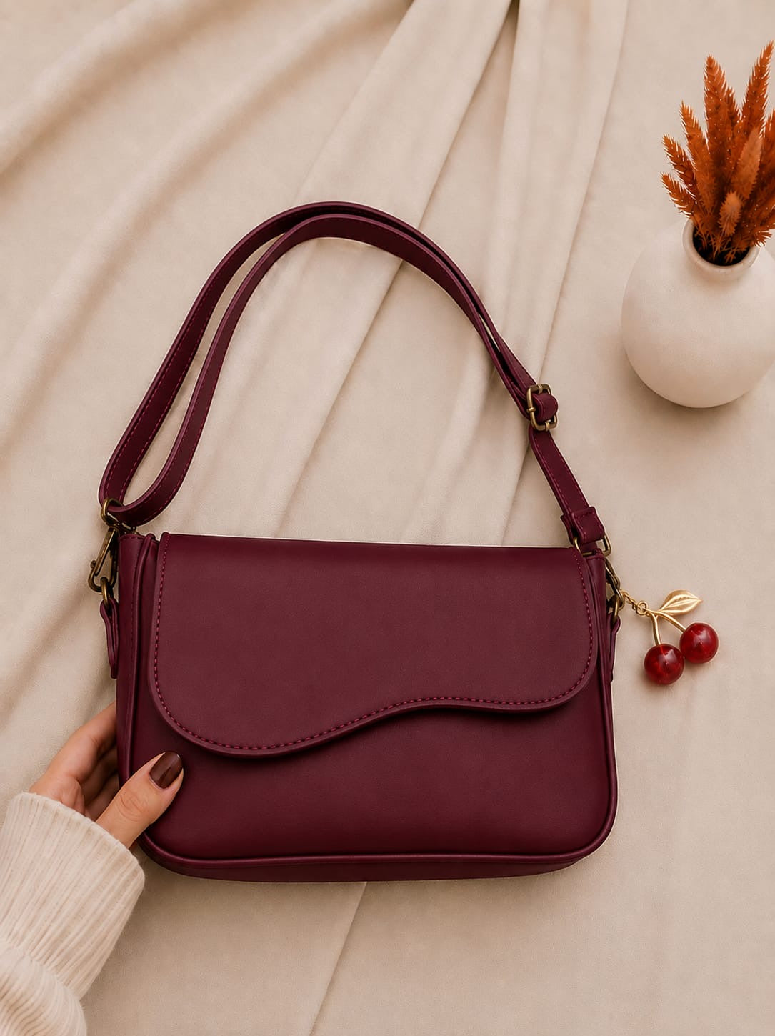 Trendy Shoulder Bag with Cherry Keychain