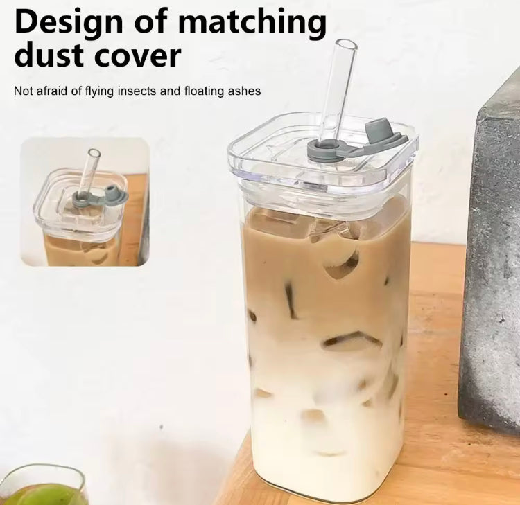 400ml Square Coffee Glass with Lid and Glass Straw