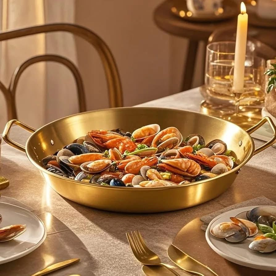 Round Stainless Steel Gold Serving Tray / Cooking Pan