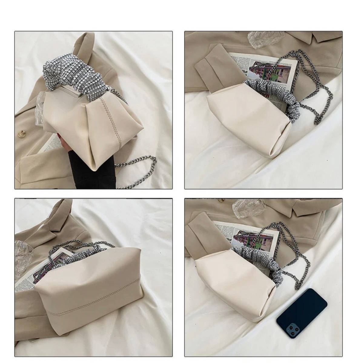 Leather Diamond Top Handle Bags Crossbody Chain Bag