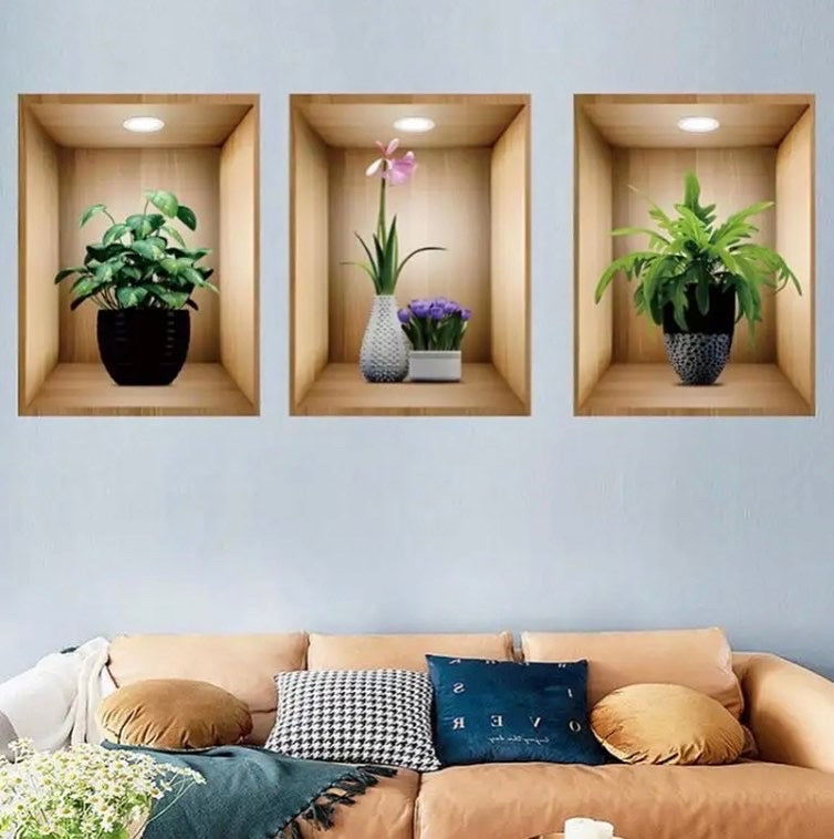 3pc/set 3d plant vase wall sticker home decoration