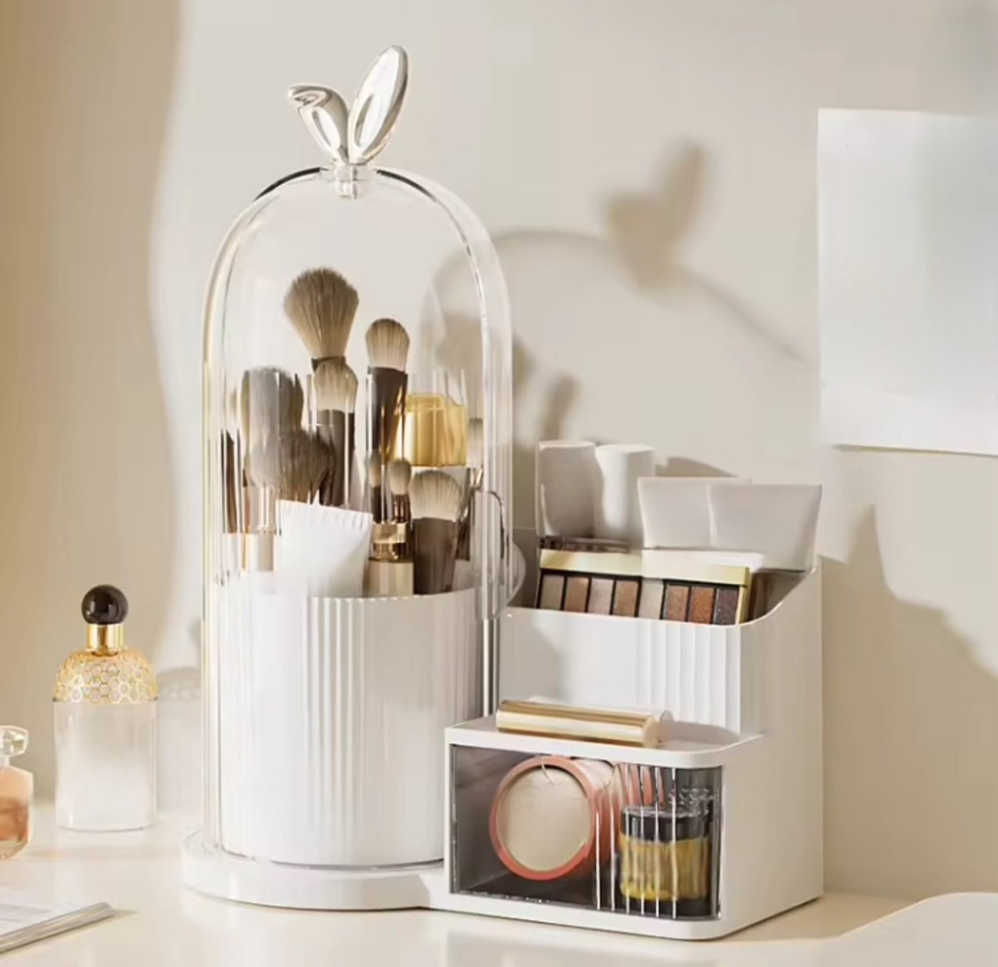 360 Rotating Brushes Holder with Cosmetics Organizer and Drawer
