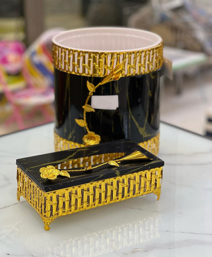 Black with Gold Modern Style Dustbin Tissue Box Set