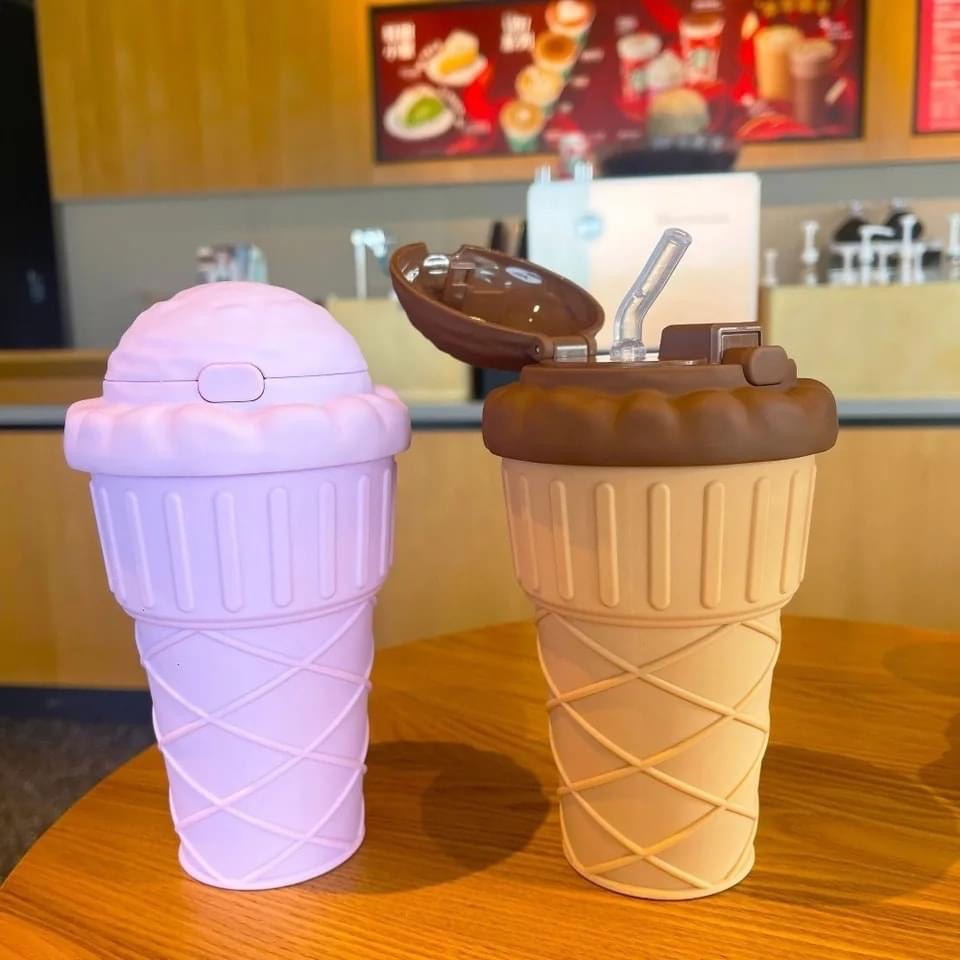 500ml Icecream Shape Straw Glass with Straw & Strap
