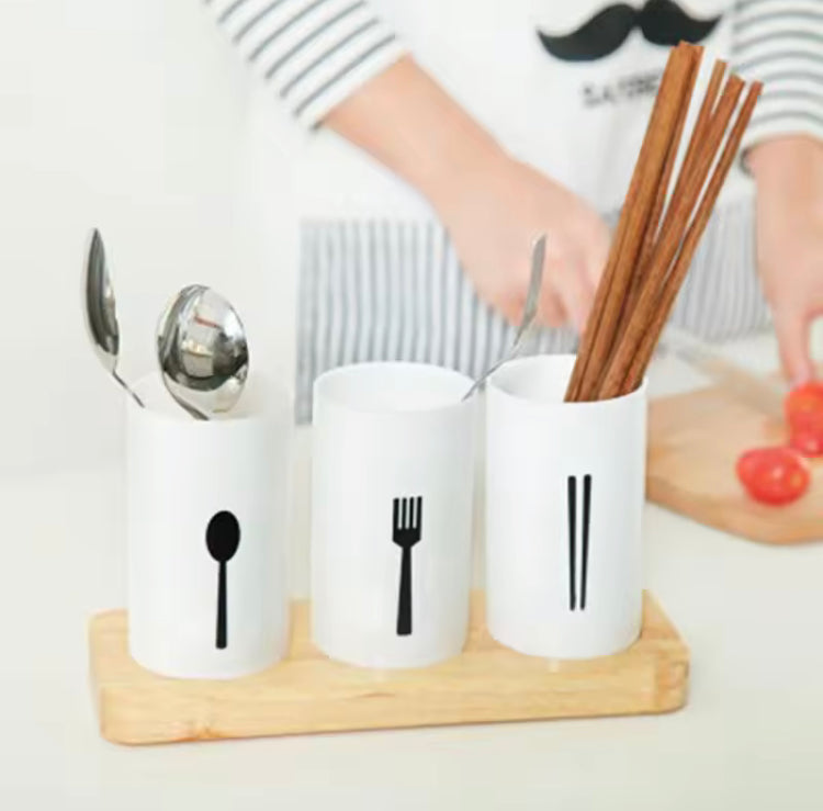 3 Pcs Multifunctional Household Tableware Holder with Wooden Base