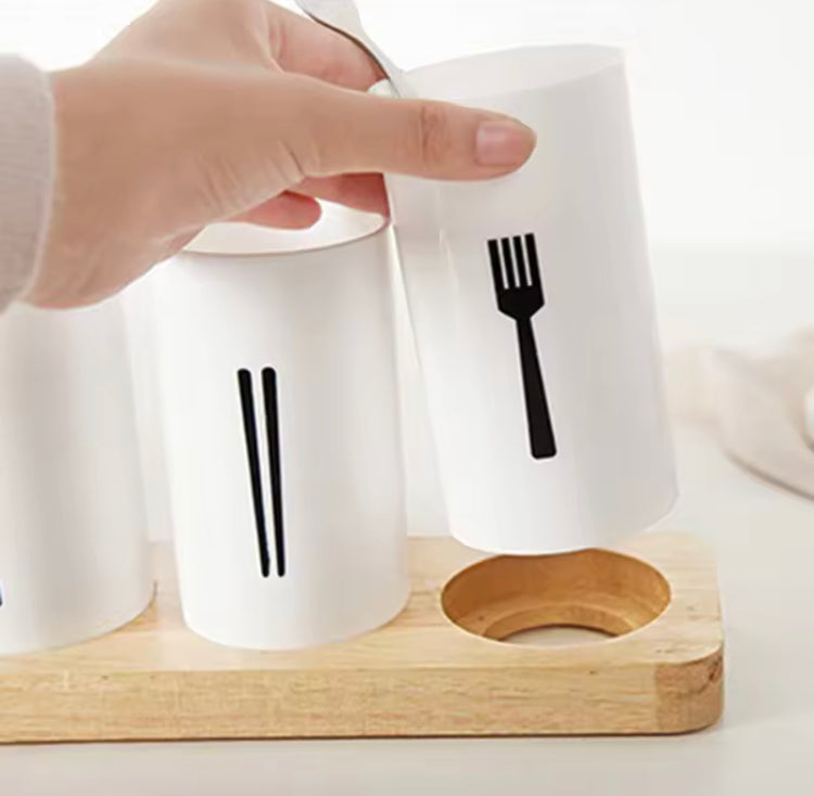 3 Pcs Multifunctional Household Tableware Holder with Wooden Base