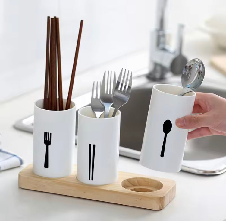 3 Pcs Multifunctional Household Tableware Holder with Wooden Base