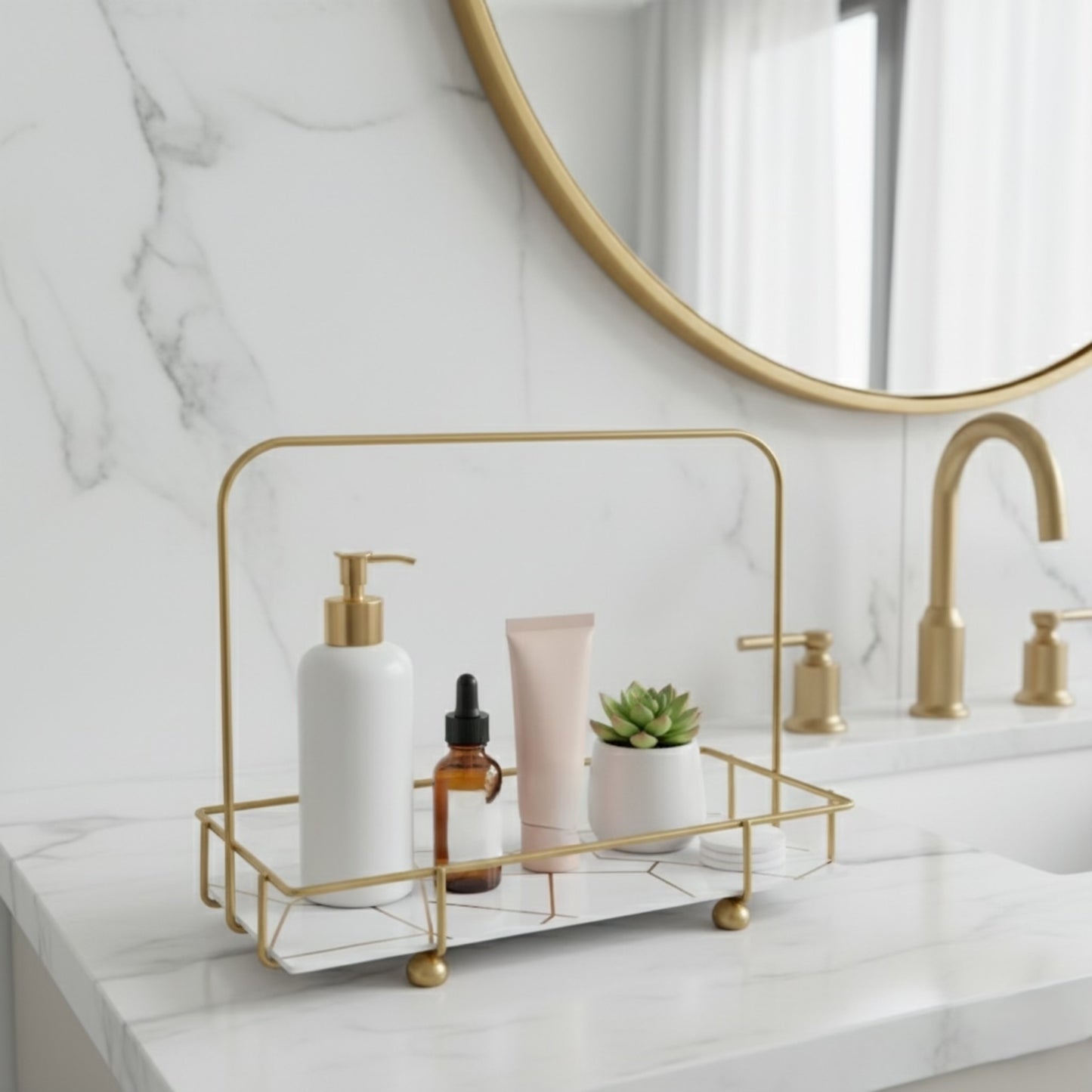 Marble Printed Cosmetics Perfumes Gold Vanity Rack Organizer