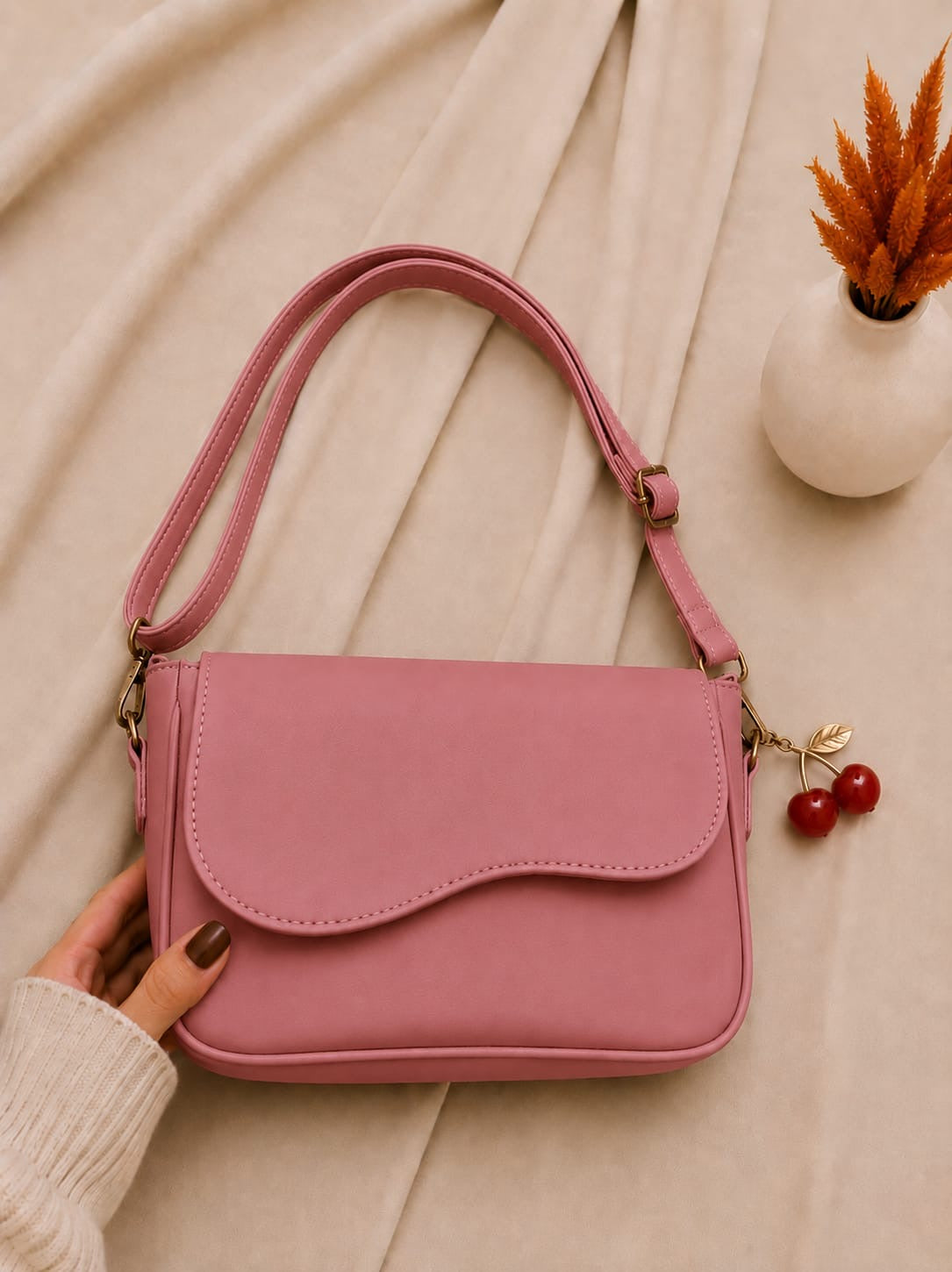 Trendy Shoulder Bag with Cherry Keychain