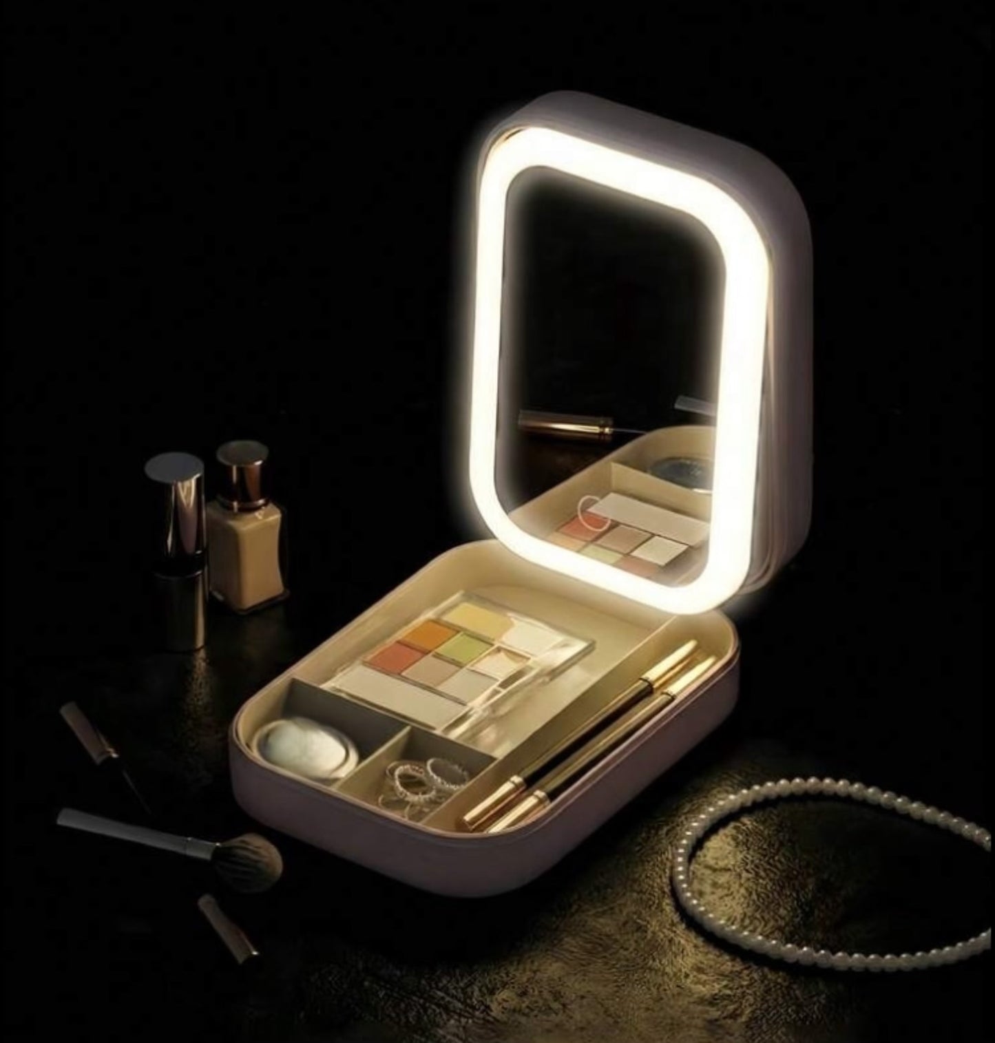 Portable Leather Led Mirror Makeup Bag