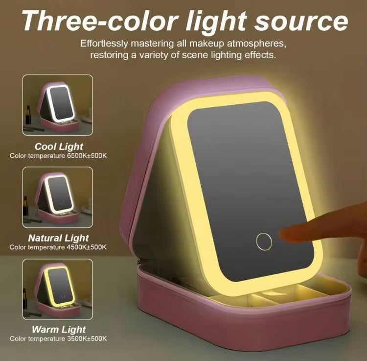 Portable Leather Led Mirror Makeup Bag